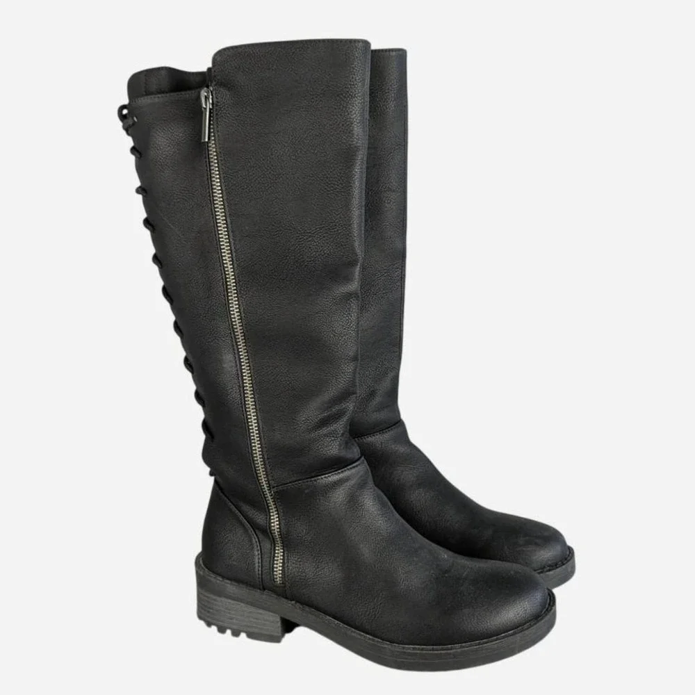 Kensie Dermott Back Lace-Up Knee High Riding Boot Black Size 8.5